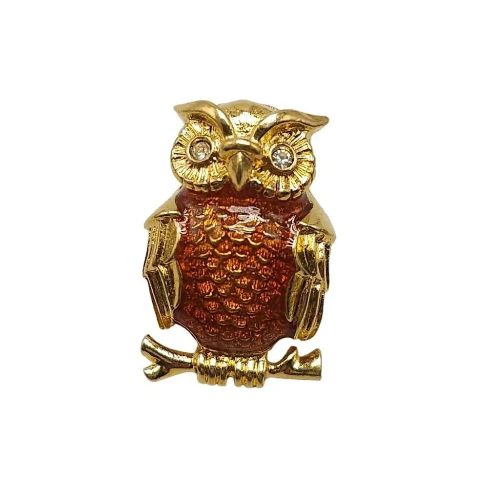 Brown Enamel Clear Rhinestone Owl Tie Tack Pin Gold Tone Vintage